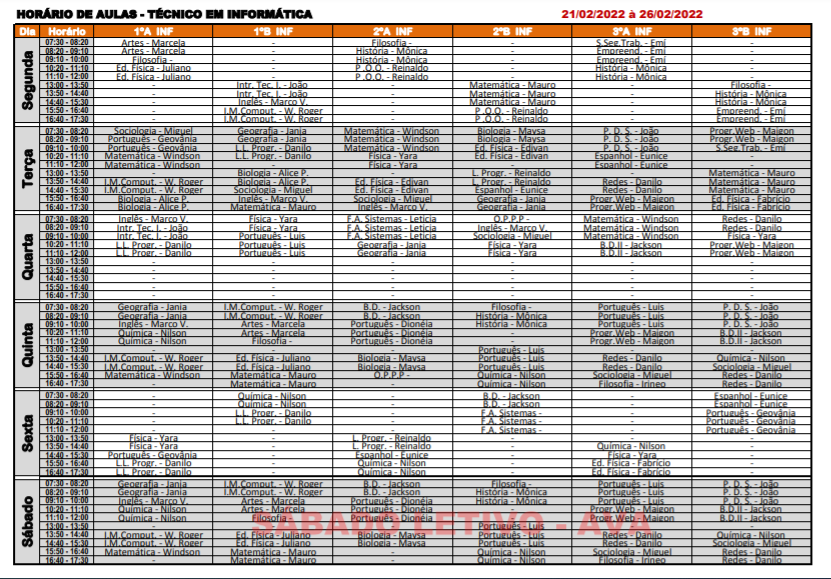 Tabela contendo o horário semanal do curso técnico em Informática.